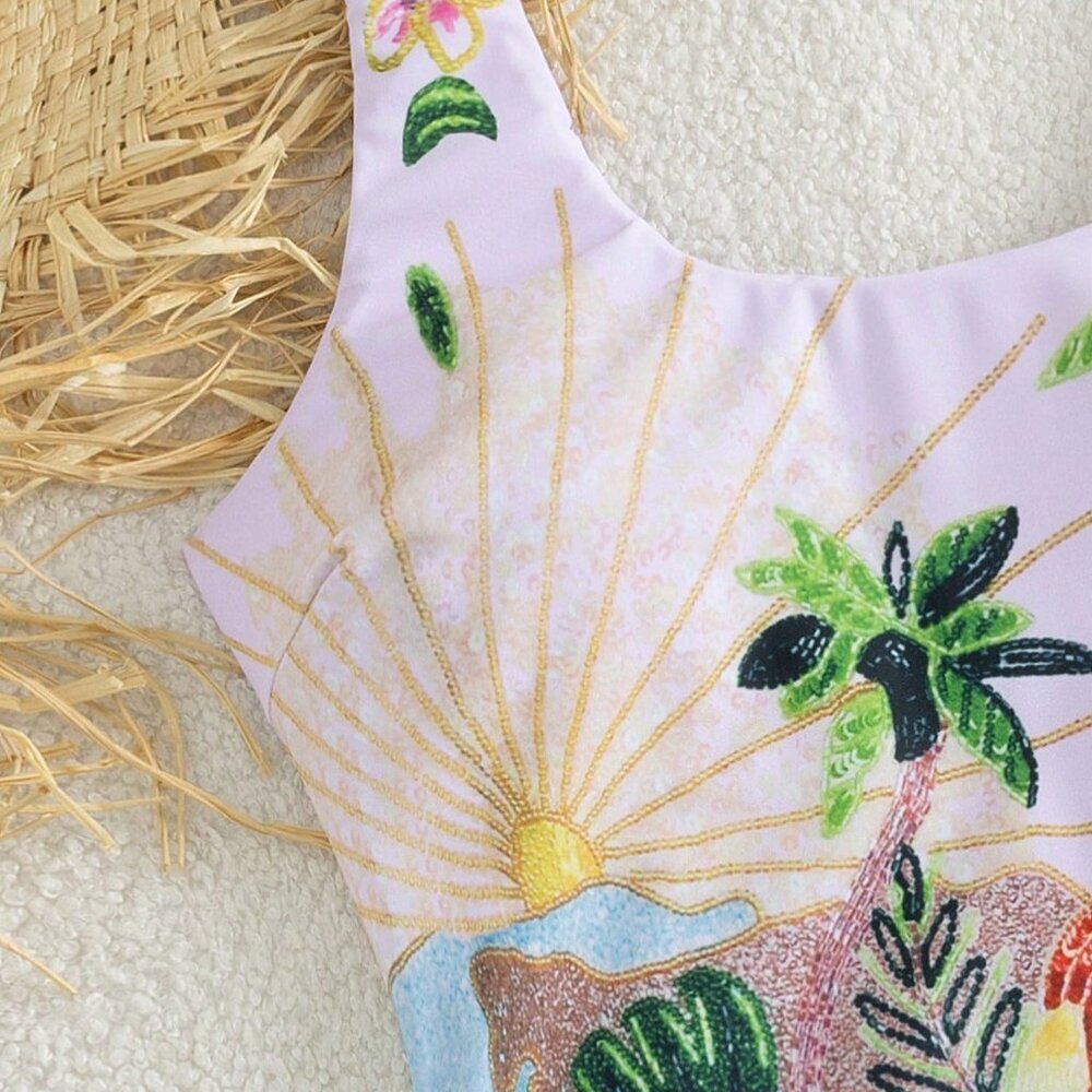 Green Cute Women's One-Piece Palm Tree Parrot Swimsuit - Picture 4 of 5